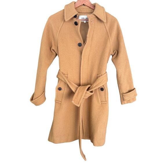 DVF Diane von Furstenburg Lia Wool Coat XXS Camel Tan Peacoat Tie Old Money - Picture 2 of 6